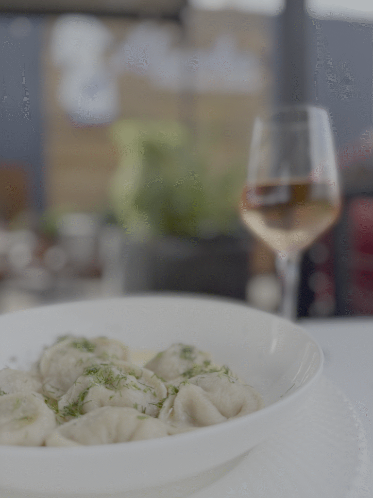 Delicious Pelmeni Dumplings enjoyed as patio dining at alyonka