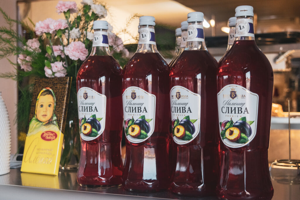 non-alcoholic lemonade drinks lined up on a counter