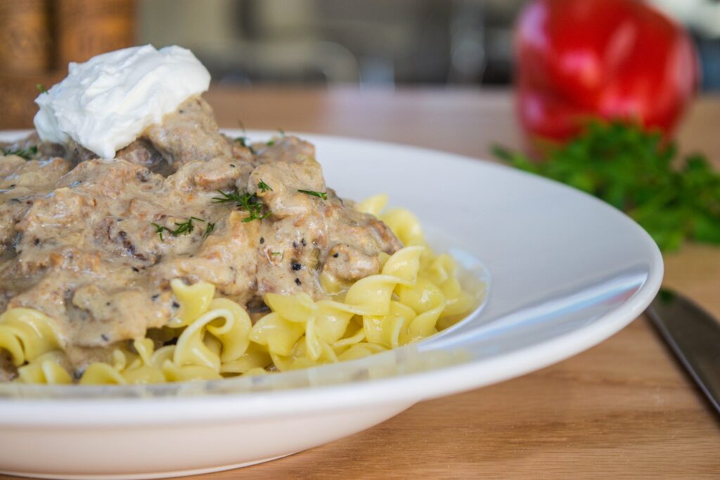 stroganoff with egg noodles and sour cream